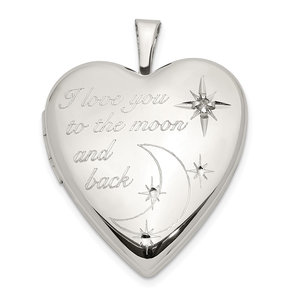 Sterling Silver 20mm LOVE TO THE MOON Diamond Heart Locket
