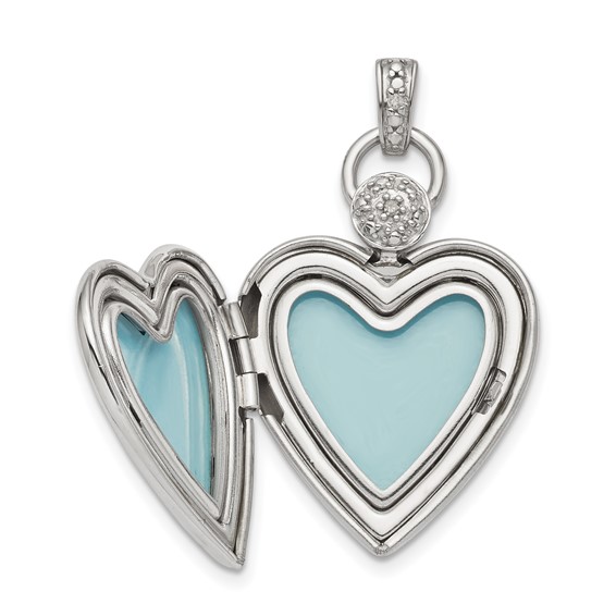 Sterling Silver Rhodium-plated 21mm Heart Dia. Accent D/C Satin Locket
