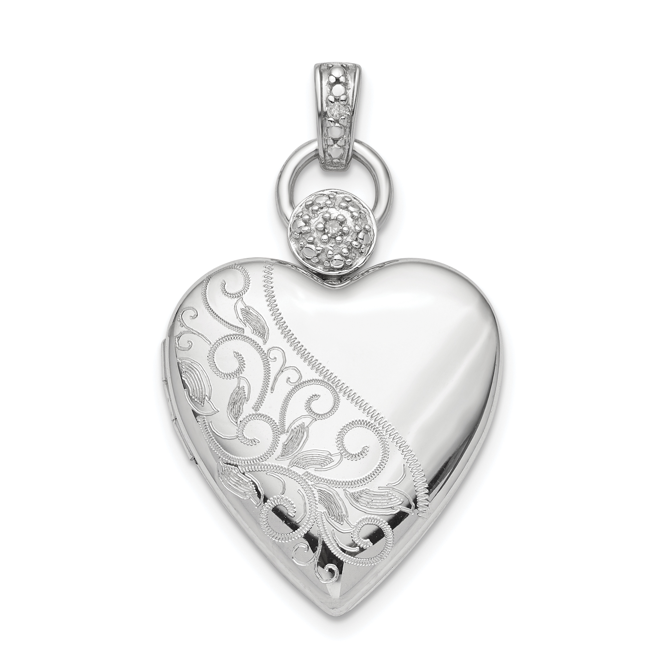 Sterling Silver Rhodium-plated 21mm Heart Dia. Accent D/C Satin Locket (QLS821)