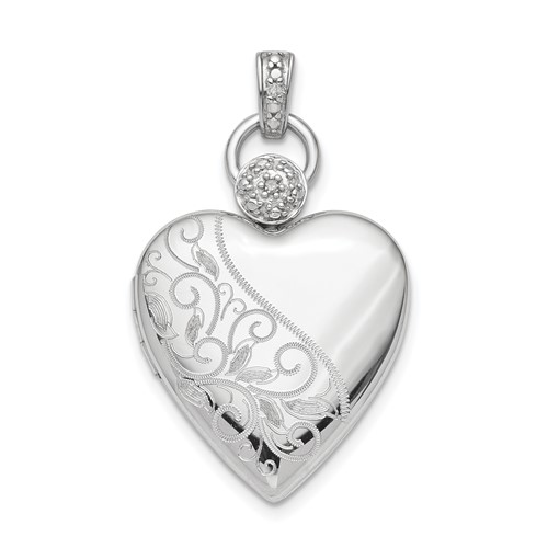 Sterling Silver Rhodium-plated Polished Front Satin Back Diamond Accent Diamond-cut 21mm Heart Locket