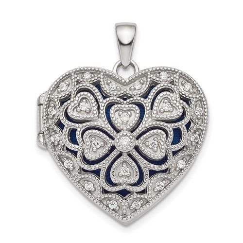 Sterling Silver Rhodium-plated CZ Fancy Vintage Filigree 24mm Heart Locket