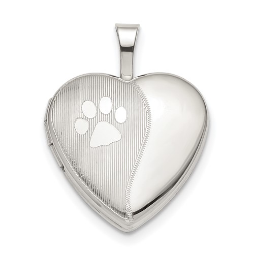 Sterling Silver Rhodium-plated Satin and Polished Pawprint 16mm Heart Locket