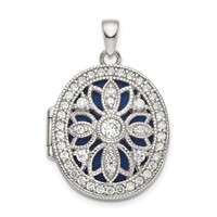 Sterling Silver Rhodium-plated CZ Fancy Vintage Filigree 24mm Oval Locket view 1