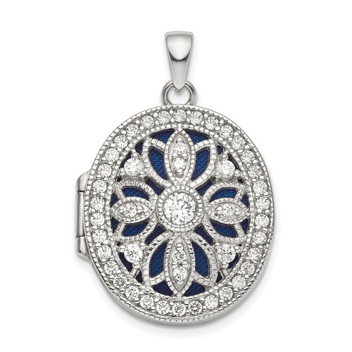 Sterling Silver Rhodium-plated CZ Fancy Vintage Filigree 24mm Oval Locket