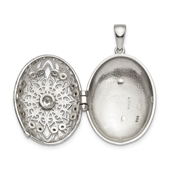 Sterling Silver Rhodium-plated CZ Filigree Top Polished Back Oval Locket
