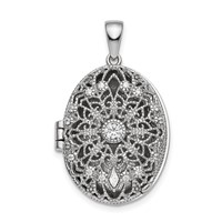 Sterling Silver Rhodium-plated CZ Vintage Filigree Top Polished Back 22mm Oval Locket view 1