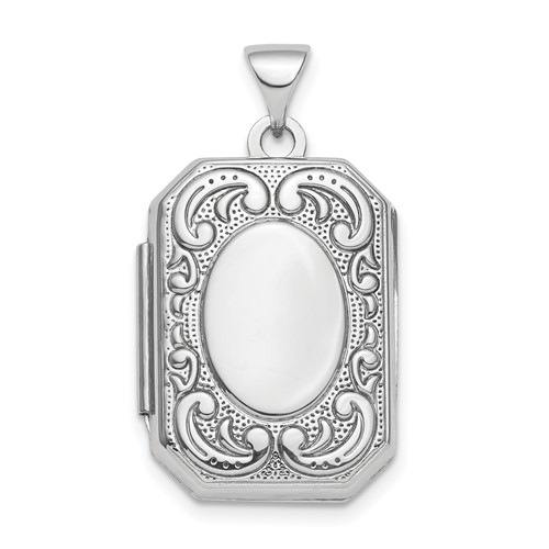 Sterling Silver Rhodium-plated Polished Fancy Scroll 21x 15mm Octagonal Locket