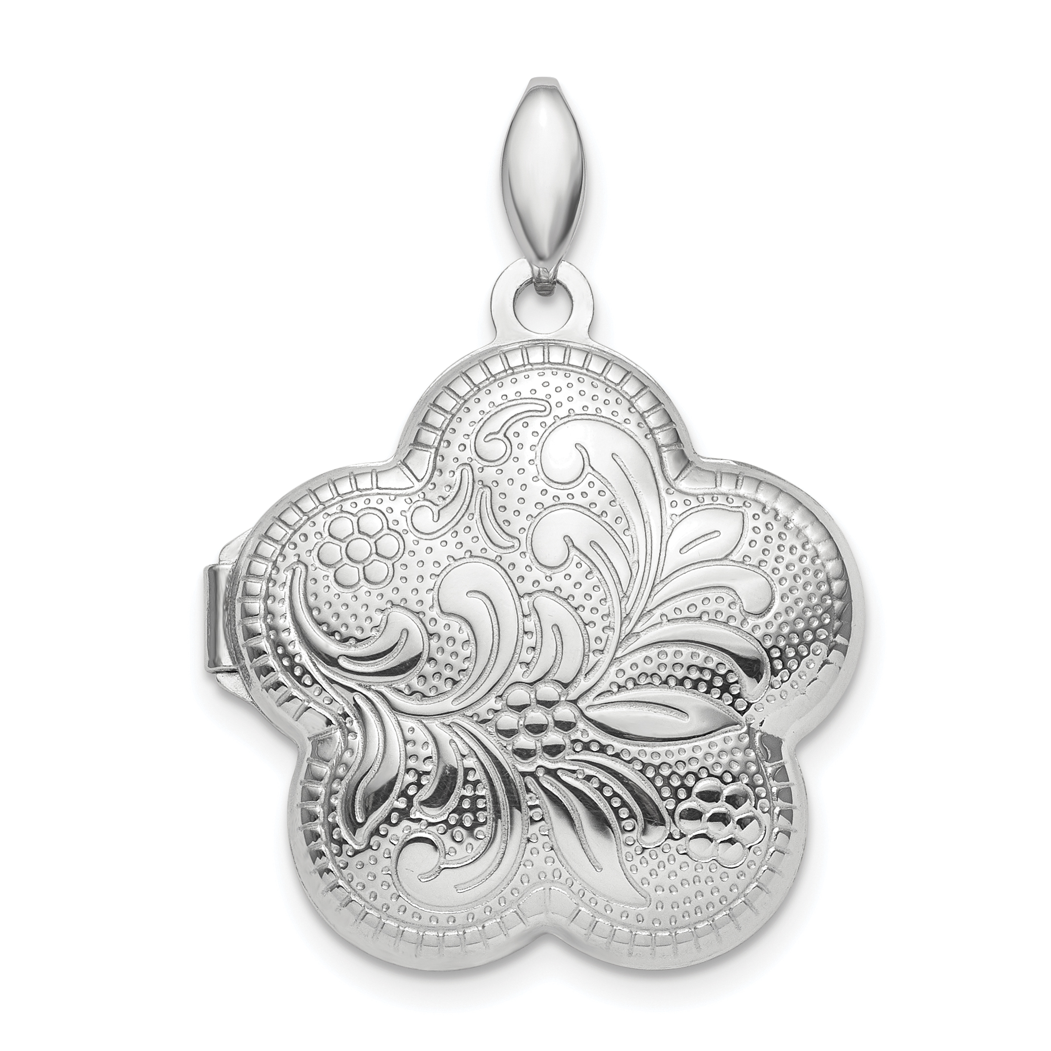 Sterling Silver Rhodium-plated Polished 21mm Domed Swirl Flower Locket (QLS847)
