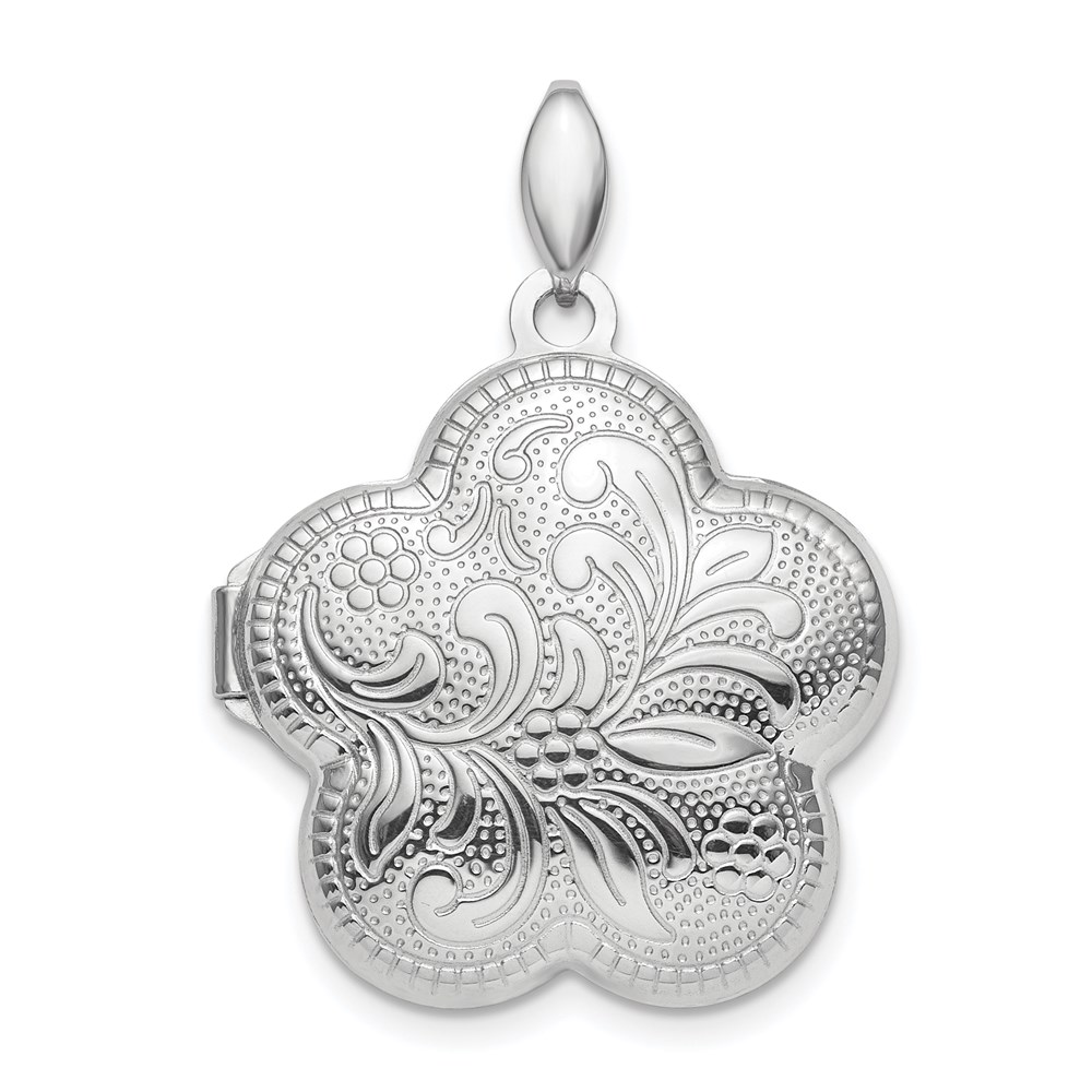 Sterling Silver Rhodium-plated Polished 21mm Domed Flower Locket