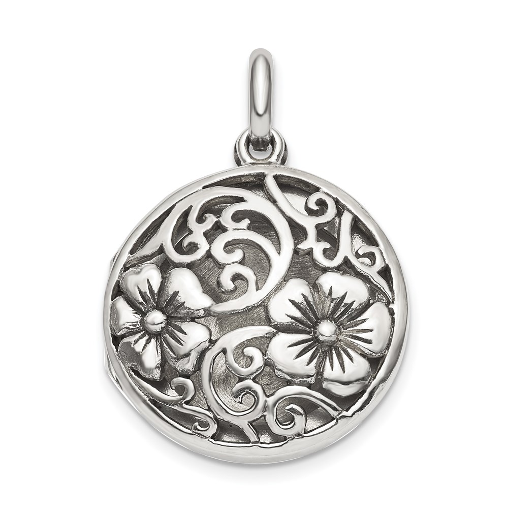 Sterling Silver Antiqued Filigree Floral Top 21mm Locket Pendant