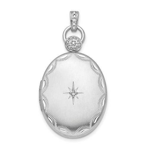 Sterling Silver Rhodium-plated Diamond Star and Bail Scalloped Border 26mm Oval Locket