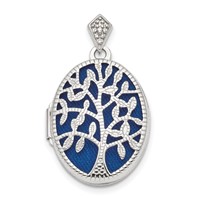 Sterling Silver Rhodium-plate Polished and Textured Diamond Filigree Tree 21mm Oval Locket view 1
