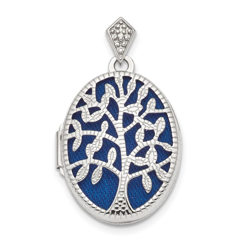 Sterling Silver Rhodium-plate Polished & Textured Diamond Tree Locket