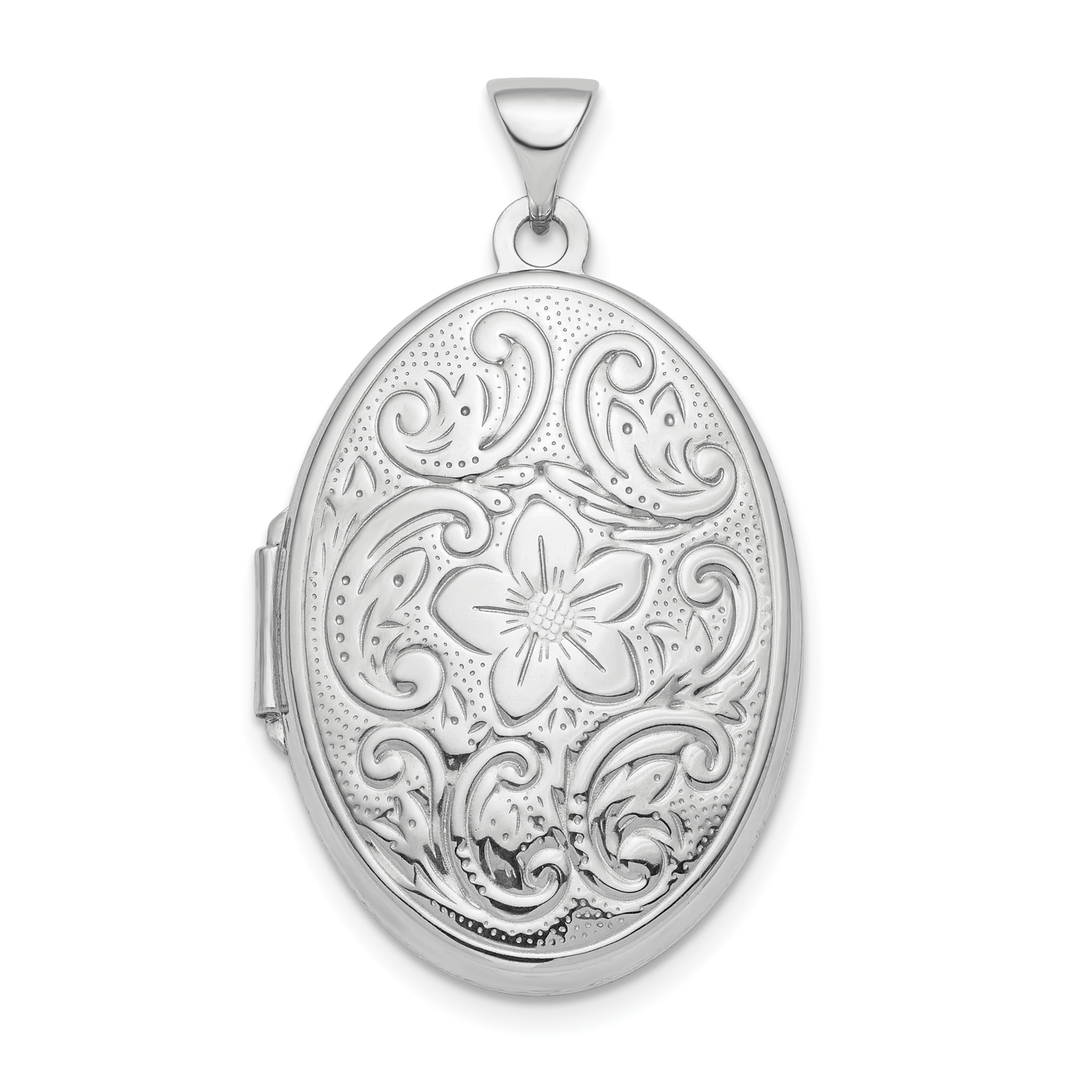 Sterling Silver Rhod-plated Floral Swirl Reversible 26mm Oval Locket (QLS860)
