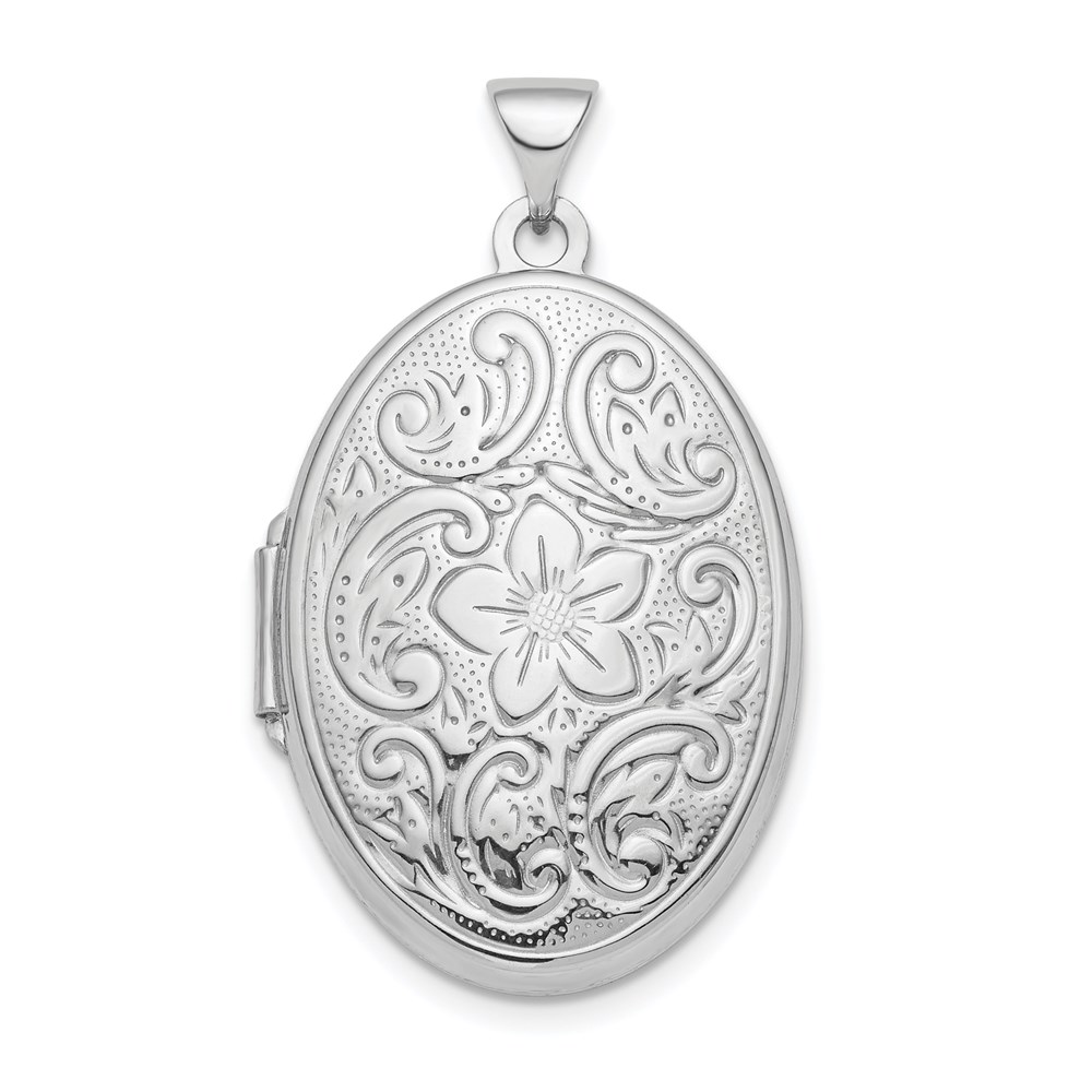 Sterling Silver Rhodium-plated Polished 26mm Patterned Oval Locket