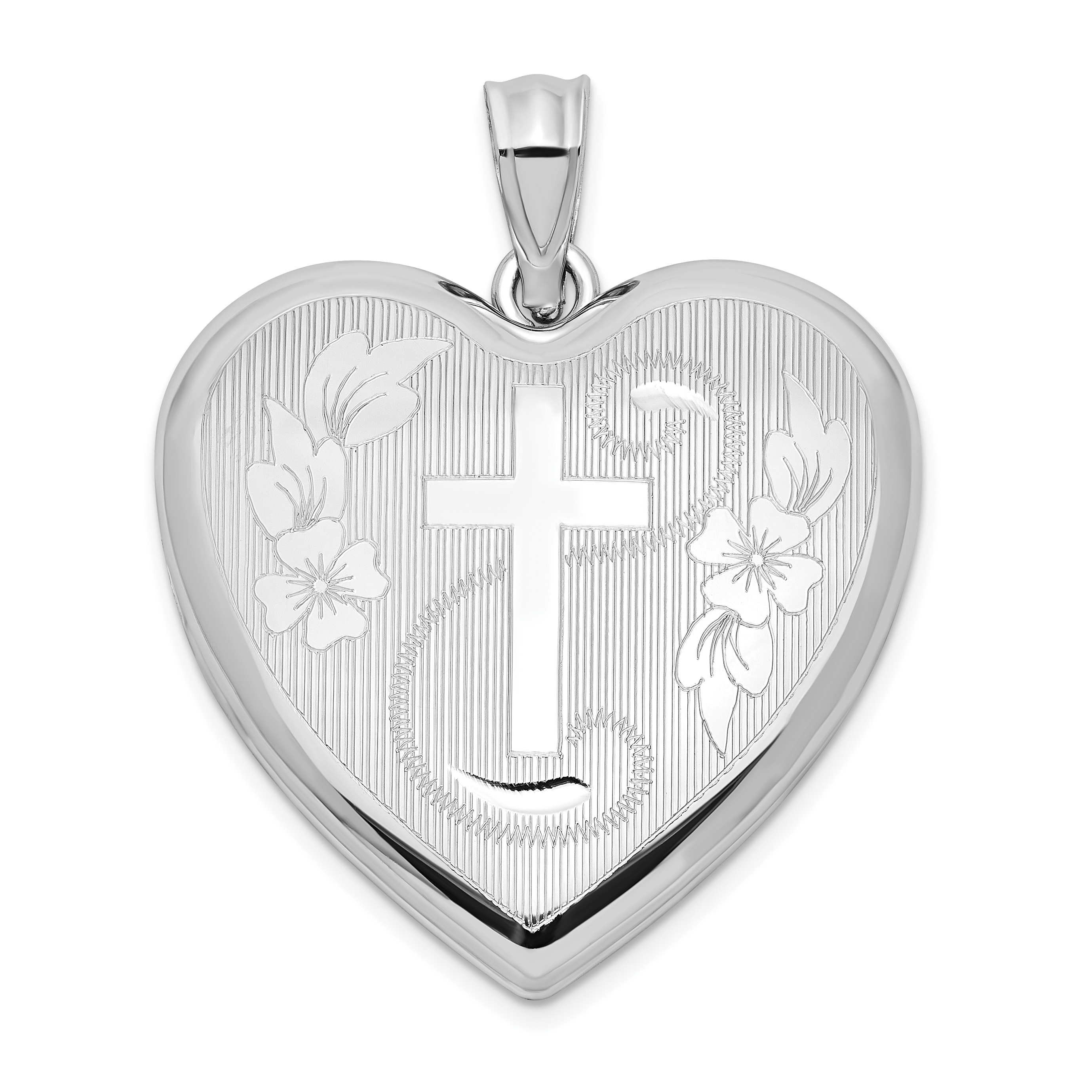Sterling Silver Rhodium-plated 24mm D/C Cross Ash Holder Heart Locket (QLS873)