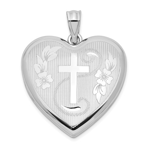 Sterling Silver Rhodium-plated Diamond-cut Cross and Flowers 24mm Ash Holder Heart Locket