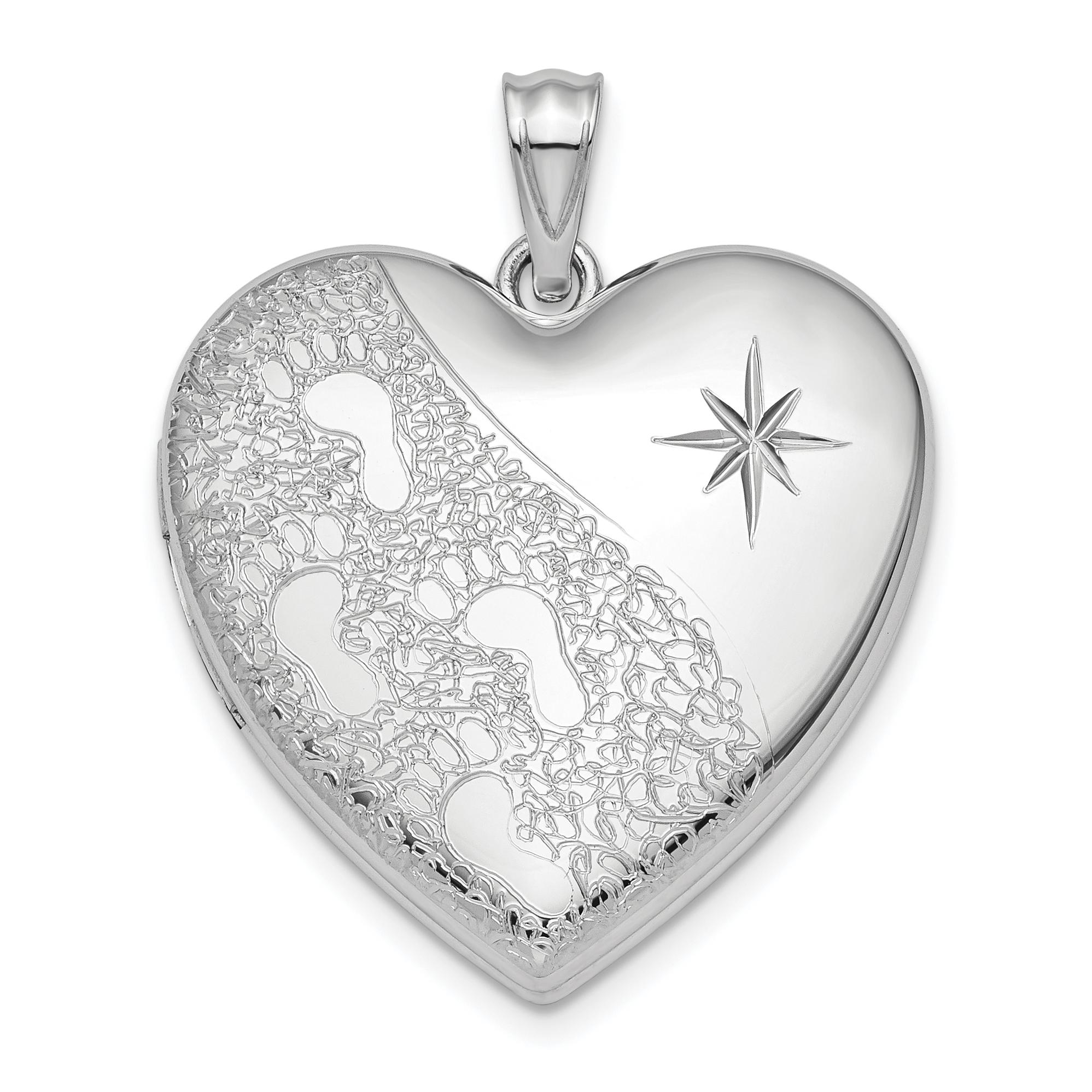 Sterling Silver Rhodium-plated 24mm D/C Footprints Ash Holder Heart Locket (QLS874)