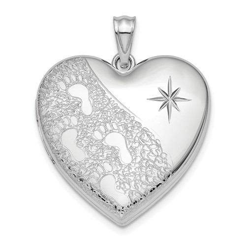 Sterling Silver Rhodium-plated Diamond-cut Footprints 24mm Ash Holder Heart Locket