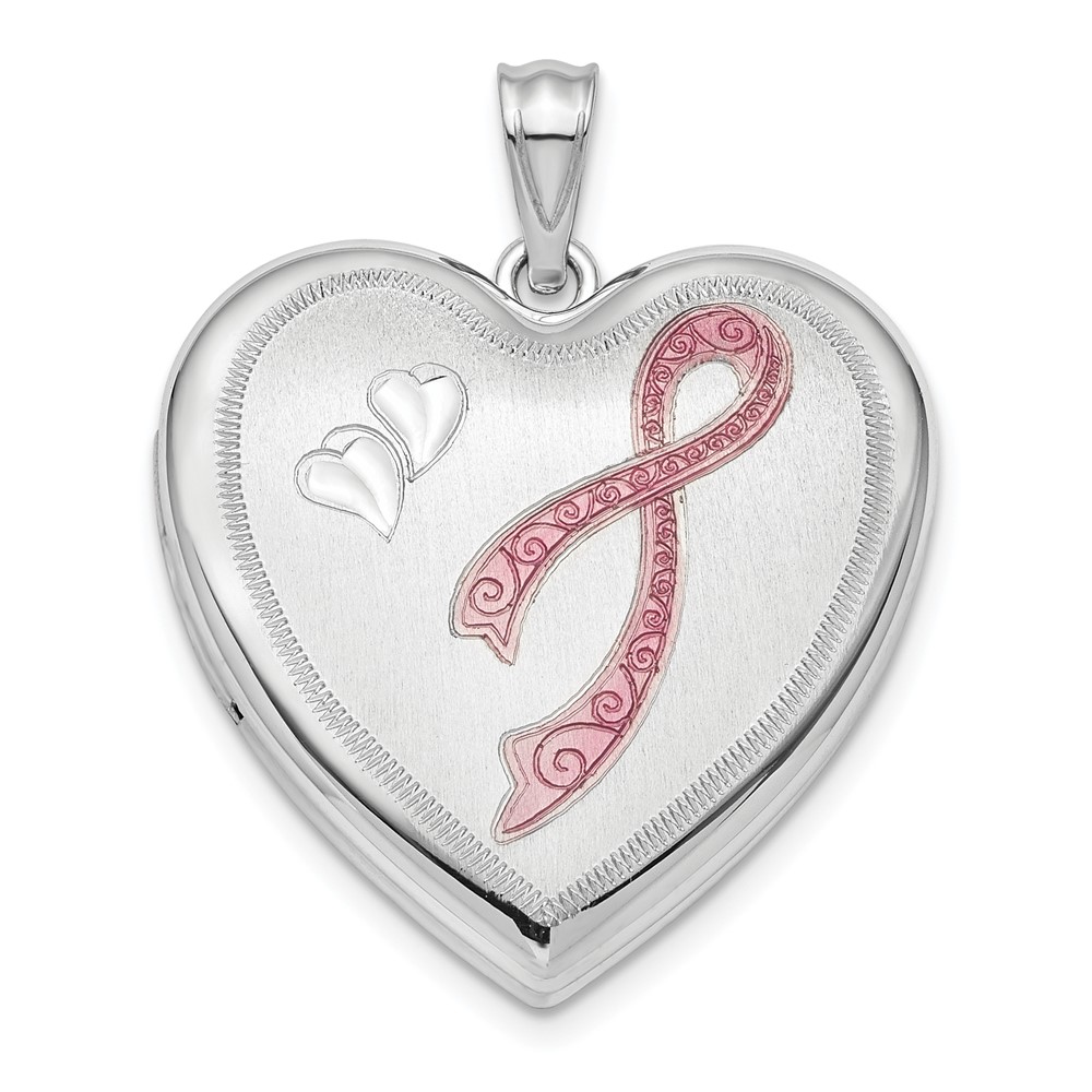 Sterling Silver Rhod-plated 24mm Enamel & D/C Pink Ribbon Ash Holder Locket