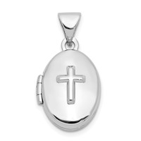 Sterling Silver Rhodium-plated Polished Cross 16mm Oval Locket view 1