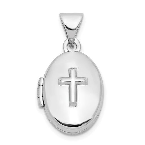 Sterling Silver Rhodium-plated Polished Cross 16mm Oval Locket
