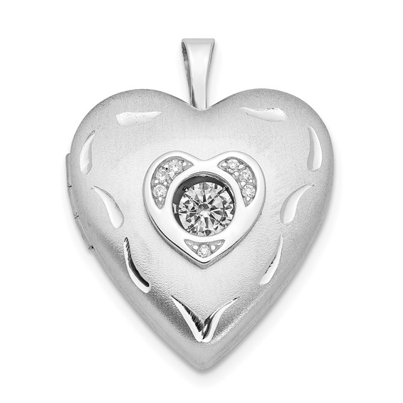 Sterling Silver 20mm Vibrant Crystal Brushed & Polished Heart Locket