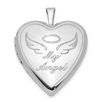 Sterling Silver Rhodium-plated Polished MY Angel with Wings 21mm Heart Locket view 1