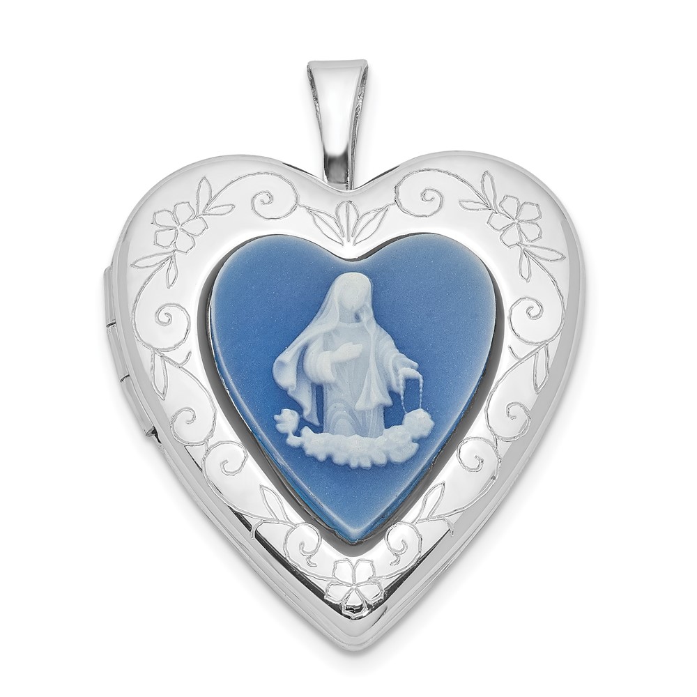 Sterling Silver 20mm Polished Blue Resin Cameo Heart Locket