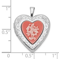 Sterling Silver 20mm Polished Pink Resin Cameo Flower Heart Locket view 5