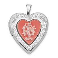 Sterling Silver 20mm Polished Pink Resin Cameo Flower Heart Locket view 1
