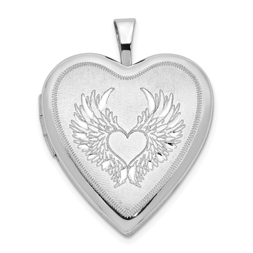 Sterling Silver Rhodium-plated Satin and Polished Heart with Wings 21mm Heart Locket