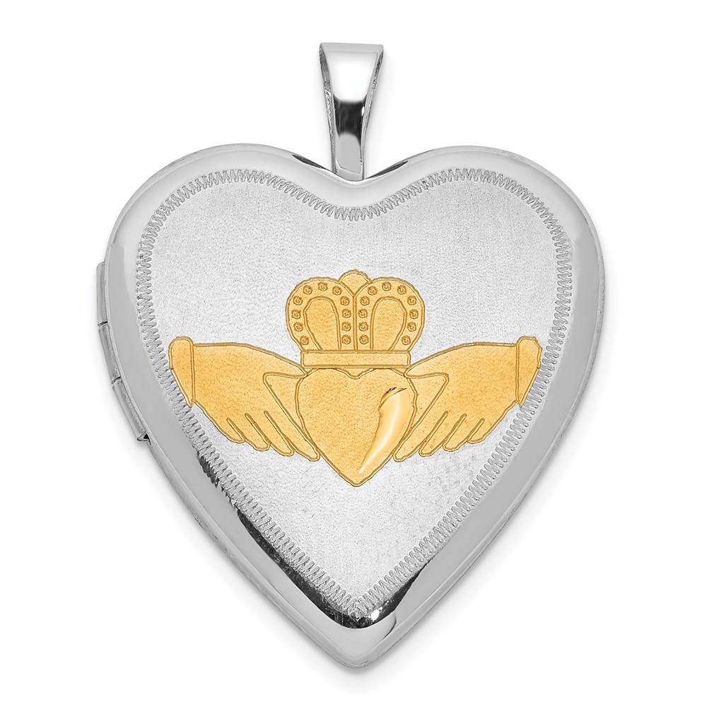Sterling Silver 20mm Gold-Tone Brushed & Polished D/C Claddagh Heart Locket