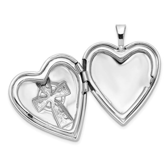 Sterling Silver Platinum-plated Polished & Satin Cross Heart Locket
