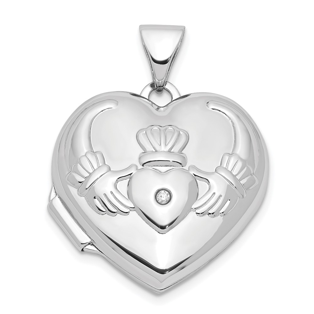 Sterling Silver .005 Dia Rhodium-Plated 18mm Claddagh Heart Locket