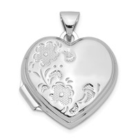 Sterling Silver Rhodium-plated Textured 18mm Floral Heart Locket view 1