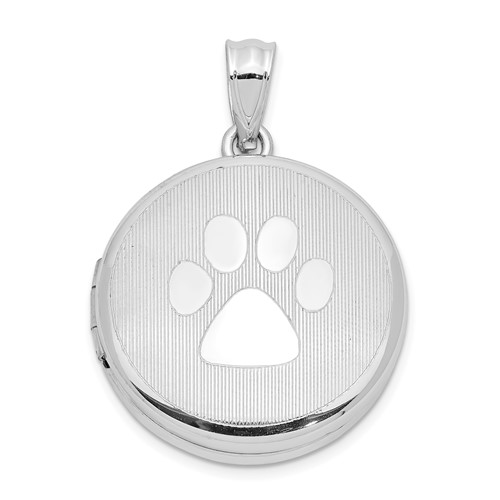 Sterling Silver Rhodium-plated Polished and Textured Pawprint 20mm Round Locket