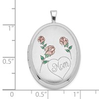 Sterling Silver Rhodium-plated Satin and Polished Pink and Green Enameled Roses Mom 26mm Oval Locket view 5