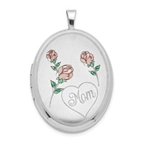 Sterling Silver Rhodium-plated Satin and Polished Pink and Green Enameled Roses Mom 26mm Oval Locket view 1