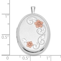 Sterling Silver Rhodium-plated Satin Diamond-cut Pink Enameled Flowers 26mm Oval Locket view 5
