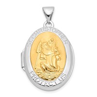 Sterling Silver Rhodium-plated with Yellow Rhodium Polished St. Christopher 23mm Oval Locket view 1