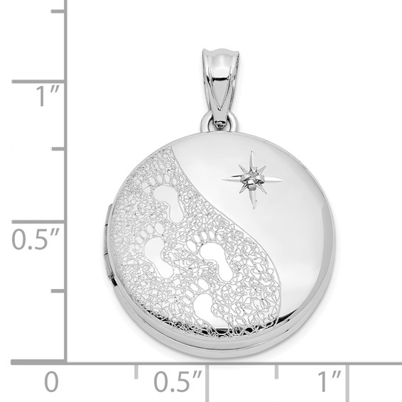 Sterling Silver 20mm Diamond Textured/Polished Footprints Round Locket