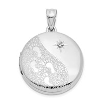 Sterling Silver 20mm Diamond Textured Polished Footprints Round Locket view 1
