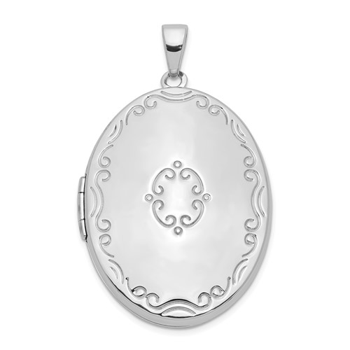 Sterling Silver Rhodium-plated Scroll Border 4-Photo 33mm Family Oval Locket