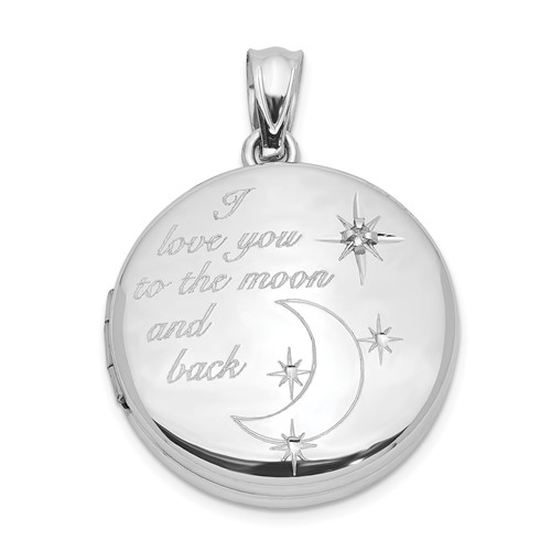 Sterling Silver Rhodium-plated Polished Front Satin Back Diamond Star I Love You to the Moon and Back 20mm Round Locket