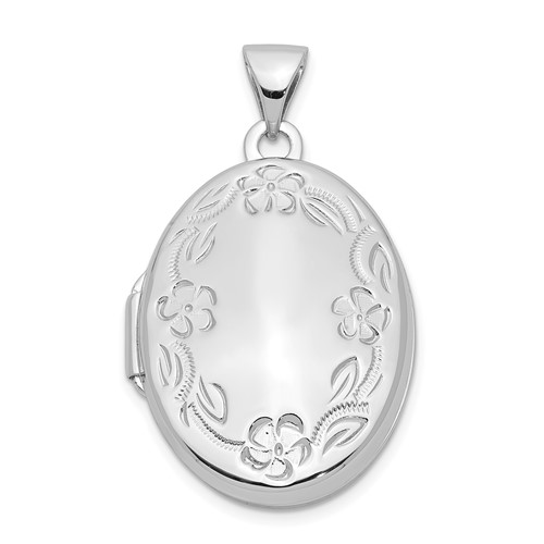Sterling Silver Rhodium-plated Polished Floral Border 21mm Oval Locket