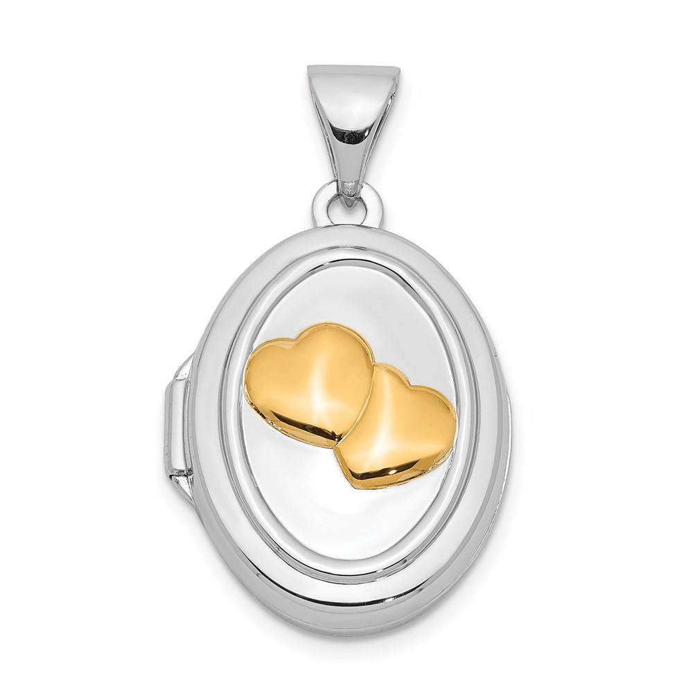 Sterling Silver Yellow Rhodium 17mm Two Hearts Oval Locket