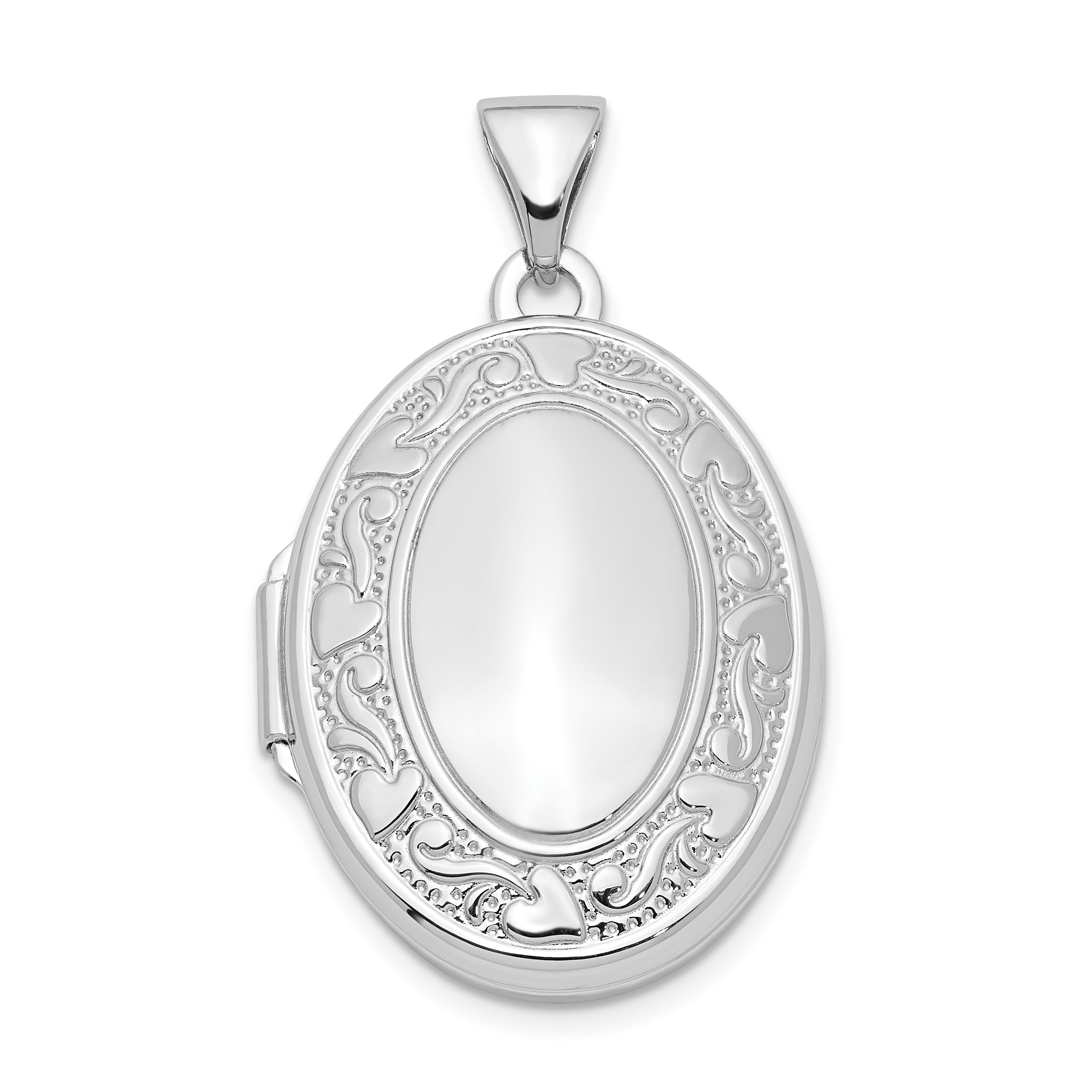 Sterling Silver Rhodium-plated 21mm Heart Border Oval Locket (QLS970)