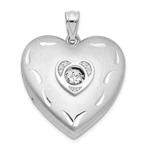 Sterling Silver Rhodium-plated Satin Diamond and Moving Vibrant CZ 22mm Heart Locket