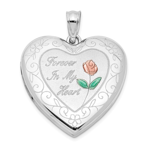 Sterling Silver Rhodium-plated Enameled Rose Forever in MY Heart 24mm Ash Holder Heart Locket